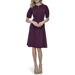 Women's Short Puff Sleeve Jewel Neck Knee Length Two Slit Pocket Zipper Front Dress