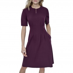 Women's Short Puff Sleeve Jewel Neck Knee Length Two Slit Pocket Zipper Front Dress