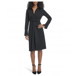 Women's Long Sleeve Collared Knotted Crepe Knee Length Dress