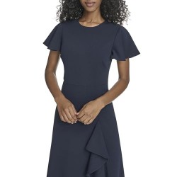 Women's Shirt Flutter Sleeve Crepe A-line Ruffle Hem Dress
