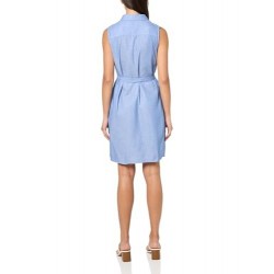 Women's Sleeveless Collared Button Front Tie Waist Mini Shirt Dress