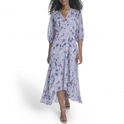 Women's 3 4 Balloon Sleeve V-Neck Belted Wrap Midi Dress