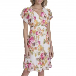 Women's Puff Sleeve V Neck Chiffon A-line Short Dress
