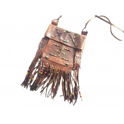 Rare Tuareg Berber Leather Bag Beaded Fringe Boho Crossbody Vintage Moroccan Tan