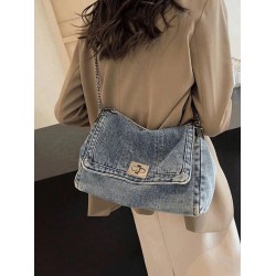 Handbag Denim Strap Blue Profundo Blue Claro Black Diseño de turas Vintage Women's
