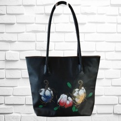 Bag Large Black para llevar todo, flores pintadas a mano, recortado en oro, 16"x13"x5"