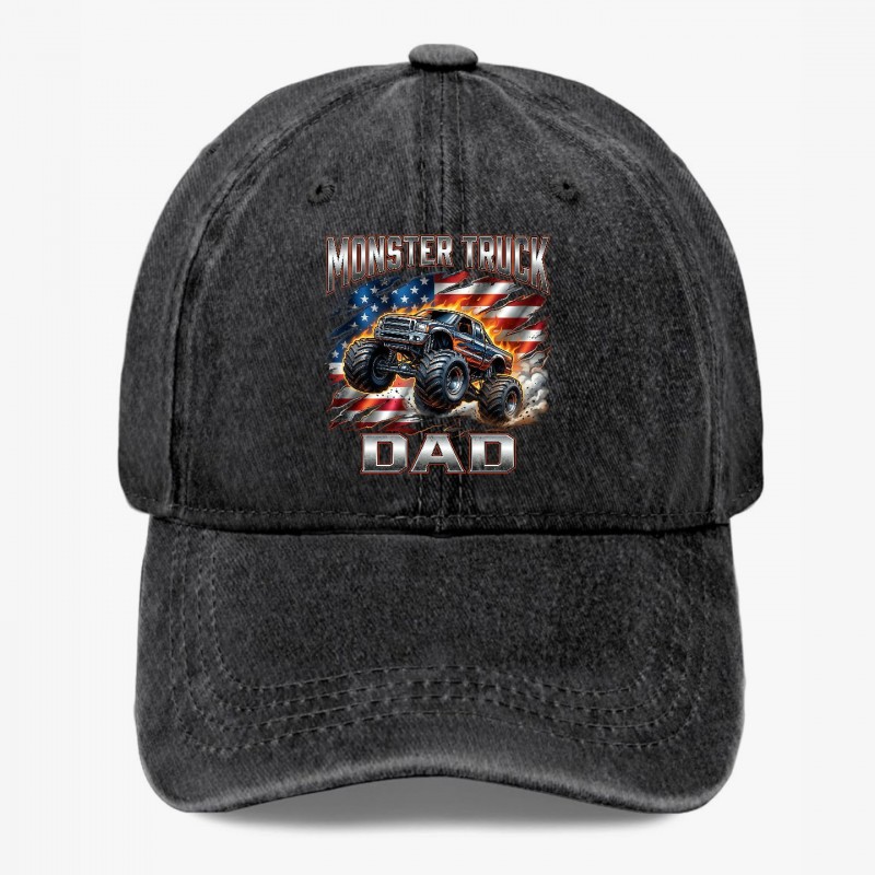 Monster Truck Dad Hat USA Flag Off Road Gift for Father Washed Baseball Cap