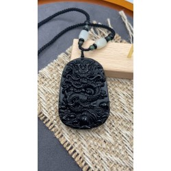 Jade Obsidian Dragon Charm Pendant Necklace Beads Cord Handmade Carved Gemstone