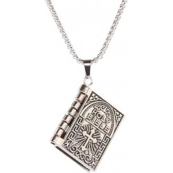Silver Cross Bible Book Pendant Necklace Unique For Men Women