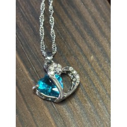 Double Heart Pendant Necklace Aqua Blue Rhinestone 925 Silver Love Gift