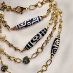 By Danilova, Pearl, Natural Stone & Chunky Gold Chain 110-122cm Beaded Necklaces