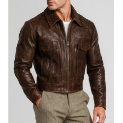 Men's Brown Leather Jacket Vintage Zip Jacket Retro Utility