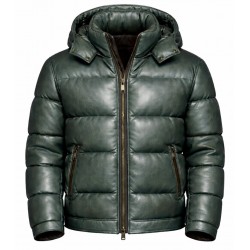 Men's Leather Puffer Jacket Hooded Winter Coat