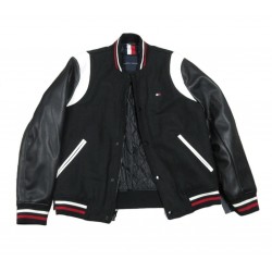 Men's Black Mixed Media Varsity Bomber Jacket Size XL