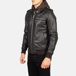 Men's Vintage Black Leather Jacket Brown Hood Zip Casual