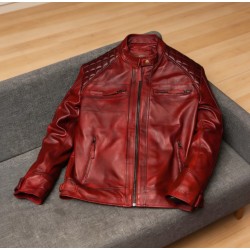 Men's Red Leather Jacket Slim Fit Quilted Coat