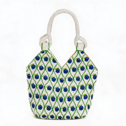 Handbag Hecho a Mano con Cuentas de Arándanos White Verde Blue con Asas Dobles