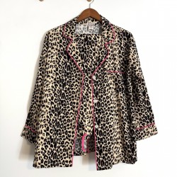 Leopard Print Cotton Pajama Set Hot Pink Trim Button Down Wide Leg Large