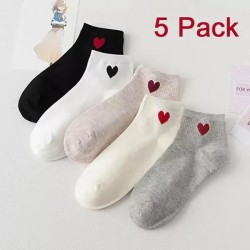 5 Pack Kawaii Cute Socks Women Red Heart Pattern Soft Breathable Cotton Socks Ankle-High Casual Comfy Socks Fashion Style White Short Socks