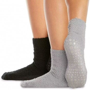 Women's Warm Fuzzy Grip Socks - LA Active - 2 Pairs Black/Grey - Non-Slip UK 4-8