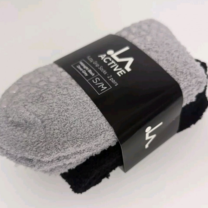 Women's Warm Fuzzy Grip Socks - LA Active - 2 Pairs Black/Grey - Non-Slip UK 4-8