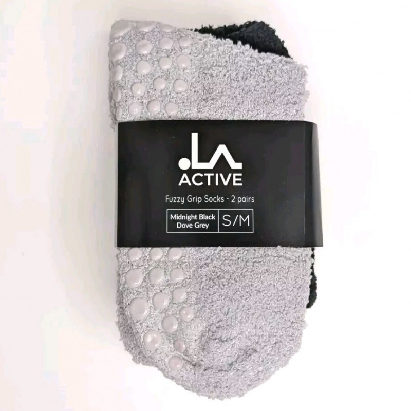 Women's Warm Fuzzy Grip Socks - LA Active - 2 Pairs Black/Grey - Non-Slip UK 4-8
