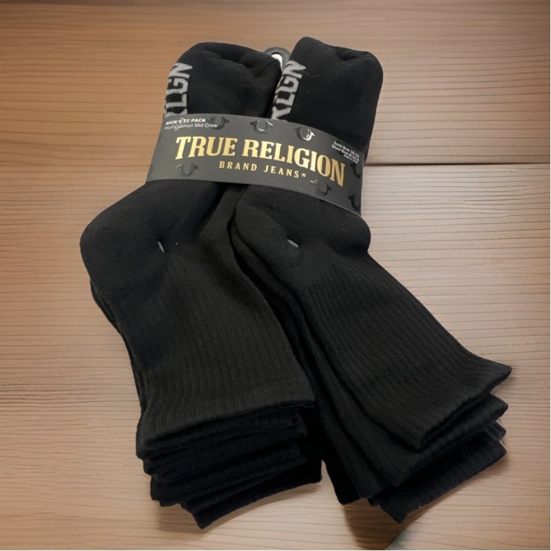 True religion- 12 pack half cushion mid crew socks black for shoe sizes 8-12.5