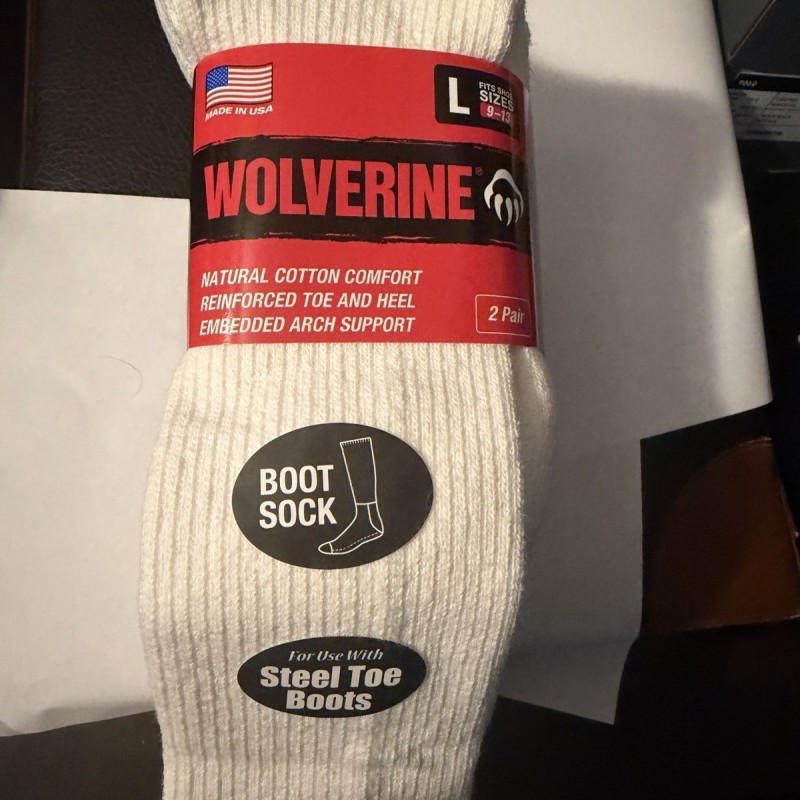 8 Pairs Wolverine Socks For Use With Steel Toe Boots, Large, Sz 9-13, White
