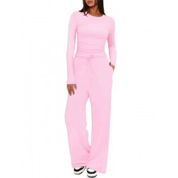 Women's Sports Set Top High Waist Wide Leg Pants Solid Color Casual Long Sleeve Set Sportswear
