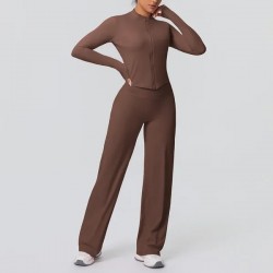 Women’s 2 Piece Solid Color Brushed Breathable Zip-Up Jacket & Wide Leg Yoga Set – High Elastic Running Gym Activewear Outfit