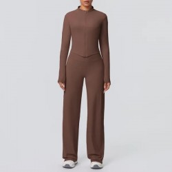 Women’s 2 Piece Solid Color Brushed Breathable Zip-Up Jacket & Wide Leg Yoga Set – High Elastic Running Gym Activewear Outfit
