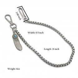 Vintage Style Silver Wallet Box Chain with Feather Charm Turquoise Stone Accent