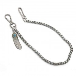 Vintage Style Silver Wallet Box Chain with Feather Charm Turquoise Stone Accent