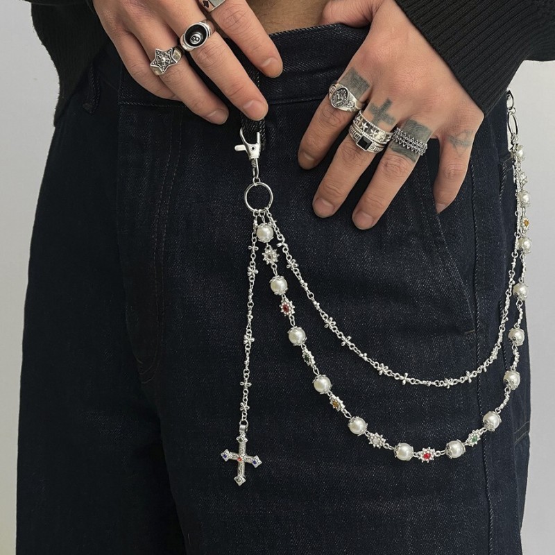 Edgy Pearl Cross Wallet Chain Keychain Jeans Pants Chain Bag Charm Alt Jewelry