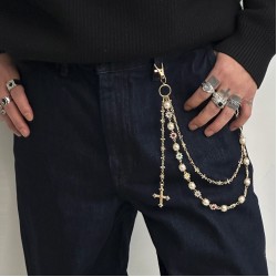 Edgy Pearl Cross Wallet Chain Keychain Jeans Pants Chain Bag Charm Alt Jewelry