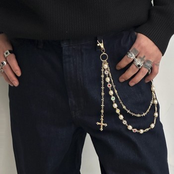 Edgy Pearl Cross Wallet Chain Keychain Jeans Pants Chain Bag Charm Alt Jewelry