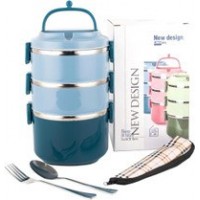 3 - 4 Tier Stackable Stainless Steel Lunch Box Sealed(Blue Green or Pink) with spoon and fork