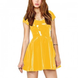 Plus Size Casual Pleated A-line Dress Lady Short Sleeve Party Fashion Scoop Neck PVC Mini Dress Summer Club Party Streetwear