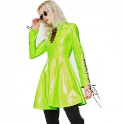 Fashion Autumn Candy Color Long Sleeve Drawstring Decor A-line Mini Dress Women Trendy PVC Dress Keyhole Front Dress