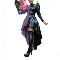 Punk Front Short and Back Long Flared Dress Female Long Sleeve A-line Dress Club Glossy PVC Leather Gothic Witch Queen Dress