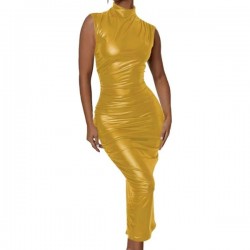 Plus Size Women Hip Wrap Dresses Glossy PVC Leather Mock Neck Solid Color Bodycon Dress Revelry Sleeveless Party Dresses 8XL
