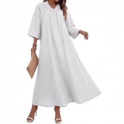 Women's Cotton Linen Maxi Dress, Casual , Loose Fit, V-Neck, 3/4 Sleeve, Side Slit, Flared, Long Linen Dress