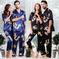 Fashion Men and Women Short Sleeve Silk Pajamas Highly Privileged Dragon Design Two-piece Sleepwear Satin Pajamas Set ()