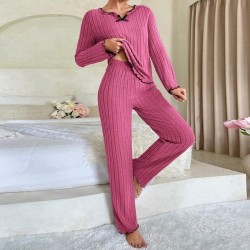Womens Pajama Set Ribbed Long Sleeve Pajamas Tops and Long Pants Loungewear