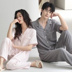 Cloud Cotton Couples Pajama Set - Short Sleeve & Long Pants Matching Loungewear