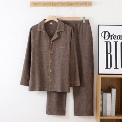 Premium Yarn-Dyed Cotton Double Gauze Men's Pajama Set - Long Sleeve Loungewear for Spring & Autumn
