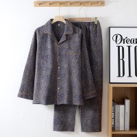Premium Yarn-Dyed Cotton Double Gauze Men's Pajama Set - Long Sleeve Loungewear for Spring & Autumn