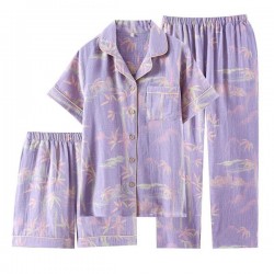 Vintage Style Cotton Woven Plaid Pajama Set: Short Sleeve & Shorts/Long Pants 3-Piece Loungewear for Couples