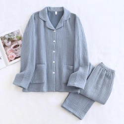 Ultra-Soft 4-Layer Cotton Gauze Pajama Set Unisex Couples Loungewear with Notched Collar