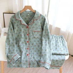 Vintage Floral Pajama Set: Soft Double-Layer Cotton Sleepwear with Long Sleeves